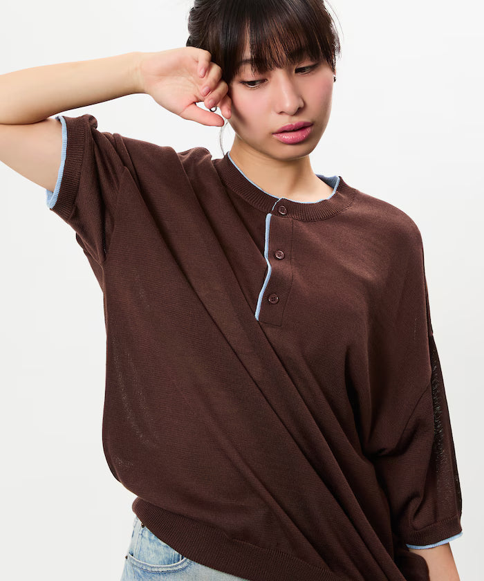 Limited Edition Relaxed Fit Color Block Henley Neck Knit - Brown