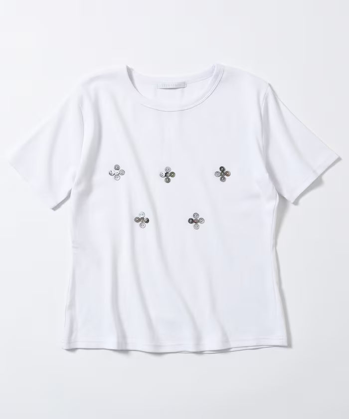 Shell Button Flower Motif Cotton Modal T-Shirt