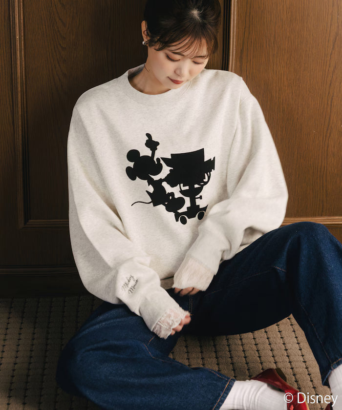 FREAK'S STORE×Ami Maeda/Disney/Mickey Mouse/Mickey Mouse/Flock Print Sweatshirt [Limited Edition] - Light Gray