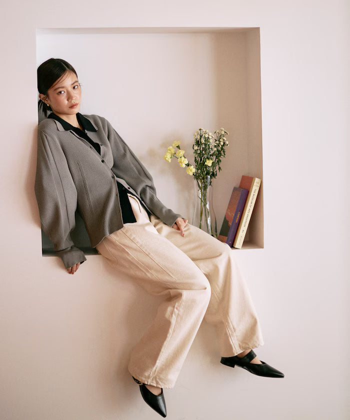 Functional material silk blend knit polo volume sleeve knit cardigan / anti-pill / machine washable