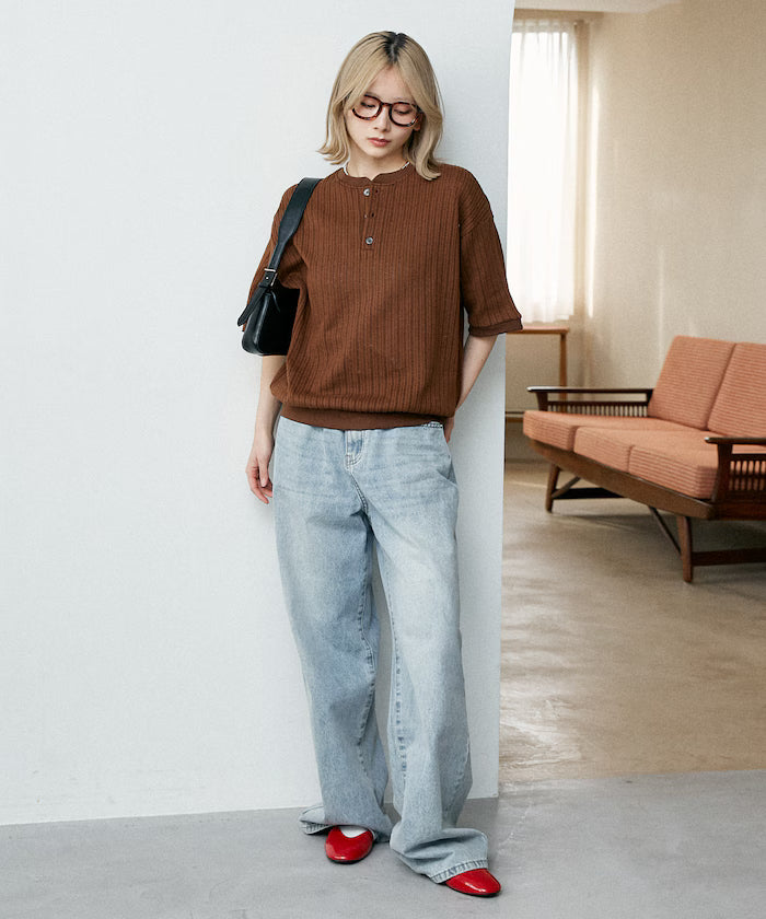 LOVE POP STUDIO Pattern Mesh Henley Neck T-Shirt Limited Release