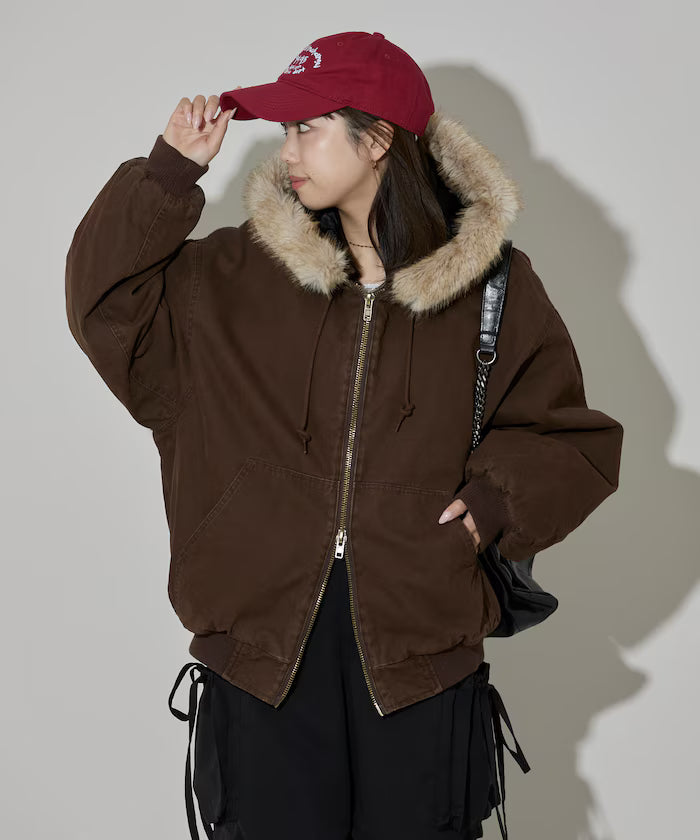 2way fake fur zip-up padded hooded jacket with detachable fur