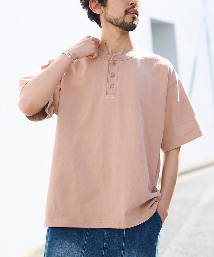 HEAVY WEIGHT/Pigment Short Sleeve Henley Neck T-Shirt/10.5 ounces - Pink