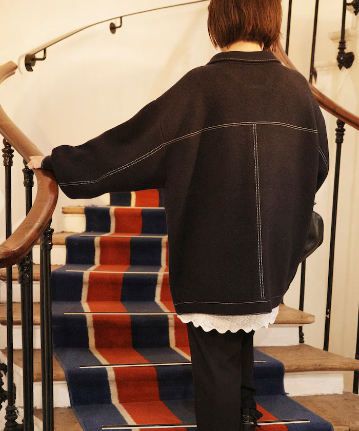 Oversized Wool Blend Knit Coverall / Color Stitch Knit Jacket