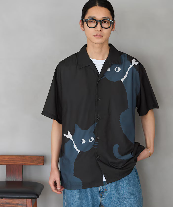 Open Collar Big Pattern Short Sleeve Shirt / Big Silhouette - Black