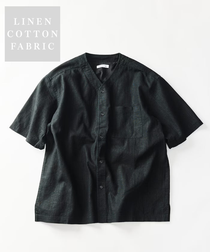 LINEN COTTON V NECK SHIRT - Black