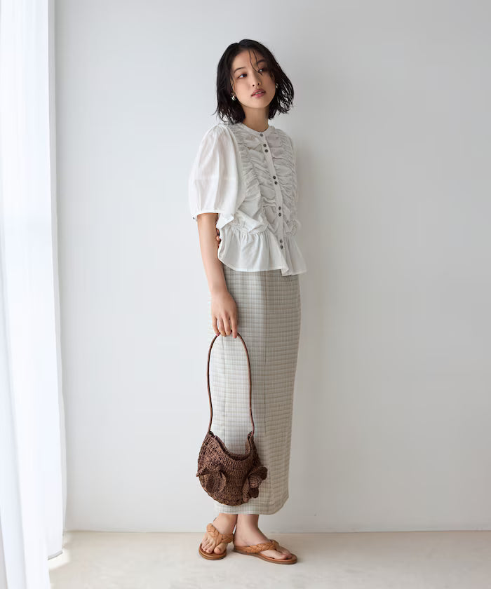 Sheer Shirring Volume Sleeve Blouse / 5 Short Sleeves
