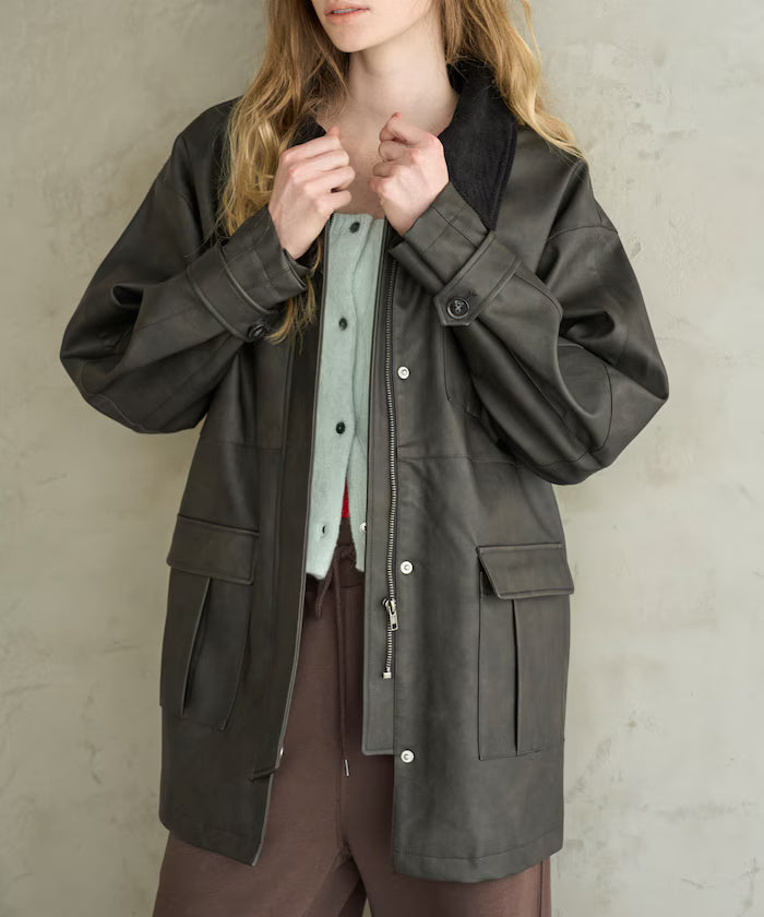 Oversized Crush Leatherette Jacket / Collar Corduroy - Black