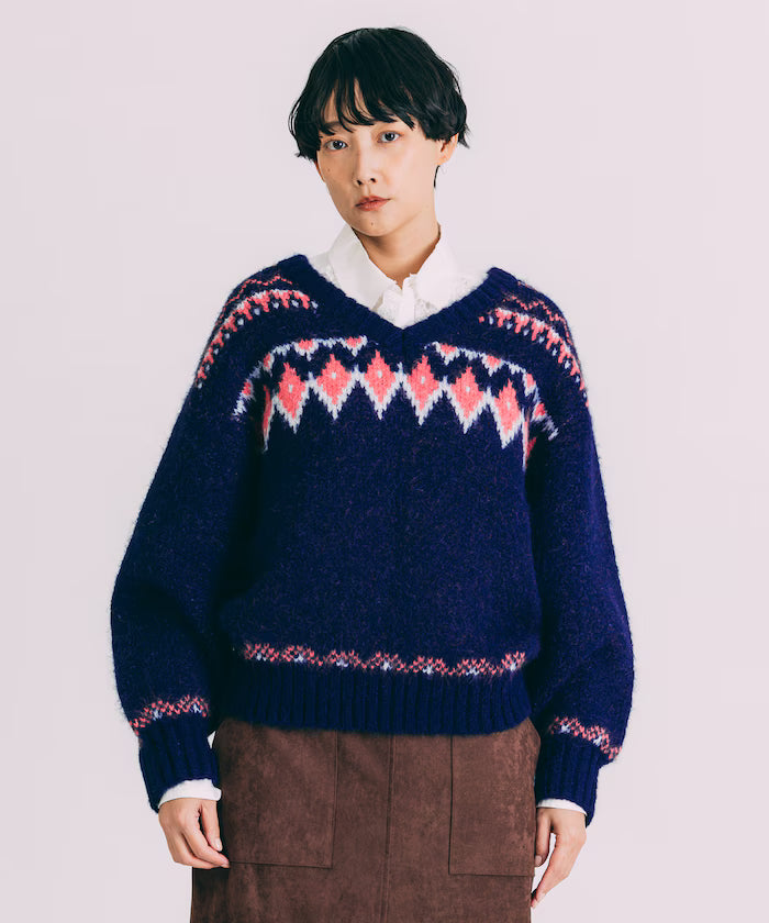 V-neck color block Nordic pattern knit