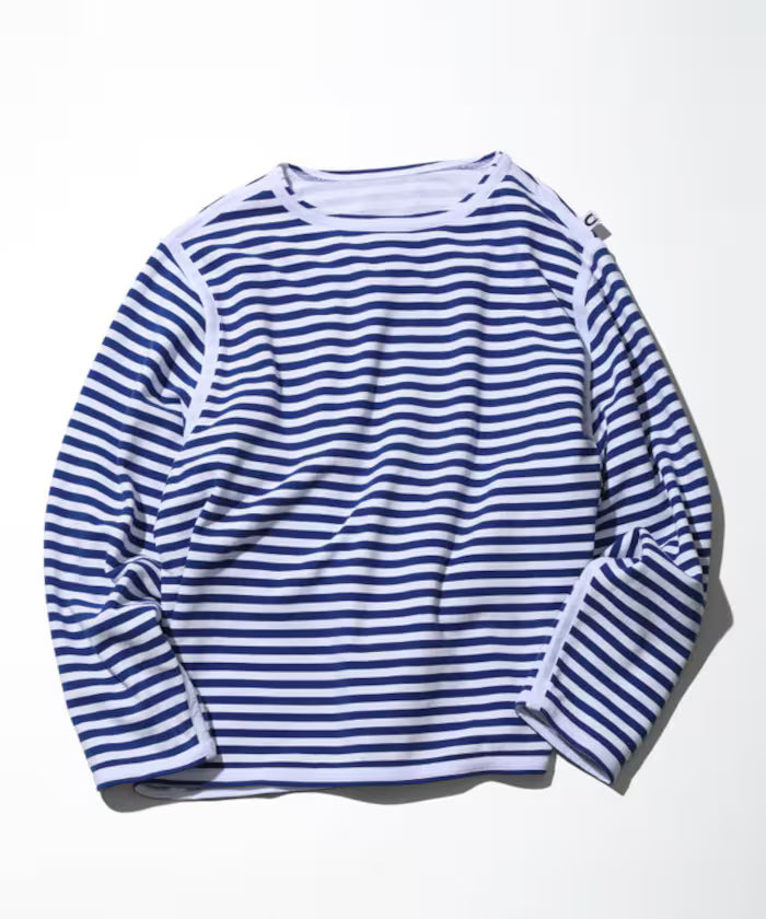 Boat Neck Horizontal Stripe french terry Long Sleeve Tee - Blue
