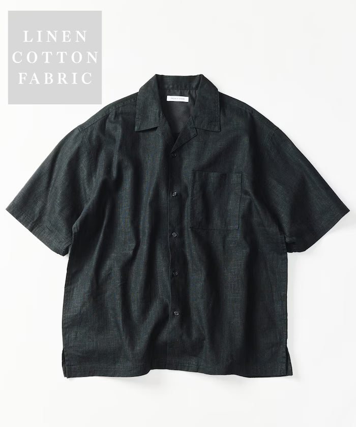 LINEN COTTON OPEN COLLAR SS SHIRT - Black