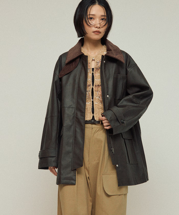 Oversized Crush Leatherette Jacket / Collar Corduroy - Brown