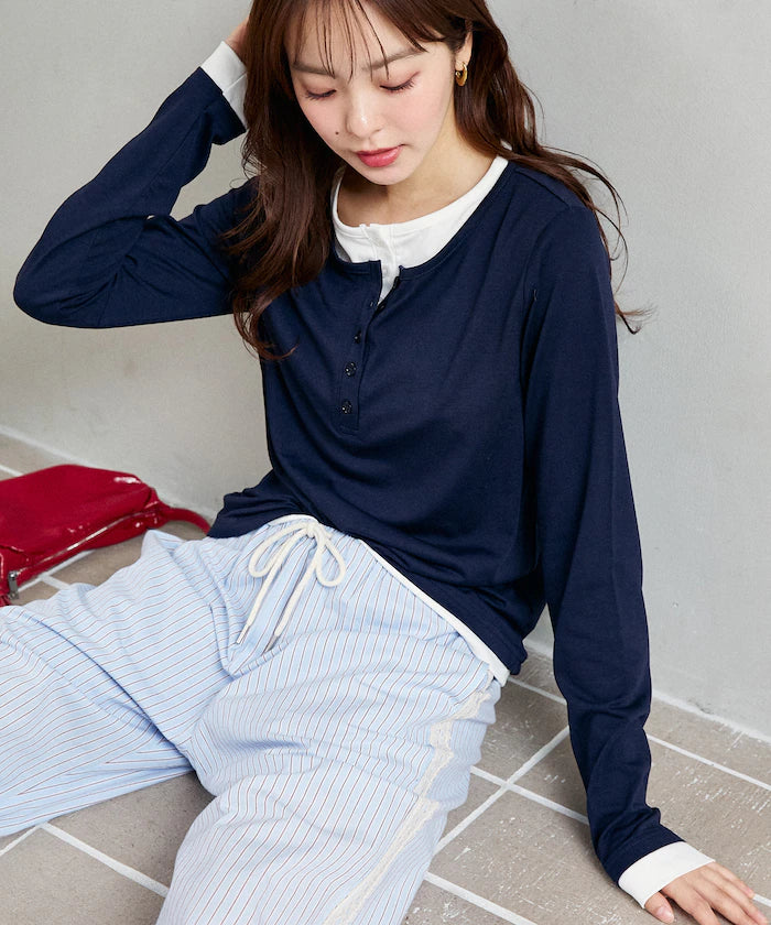 Henry Neck Layered Long Sleeve T Limited Edition - Navy
