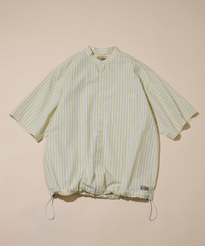 Typewriter Spindle Band Collar Stripe Short Sleeve Shirt