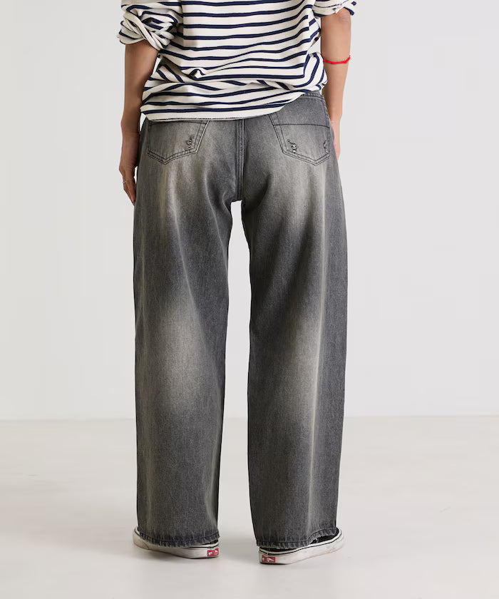 Flower Embroidery Wide Denim