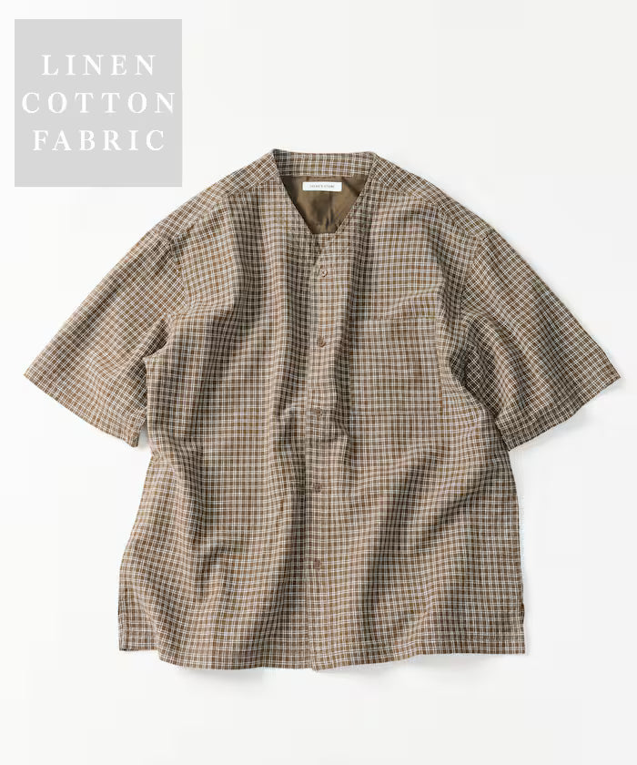 LINEN COTTON V NECK SHIRT - Dark Brown