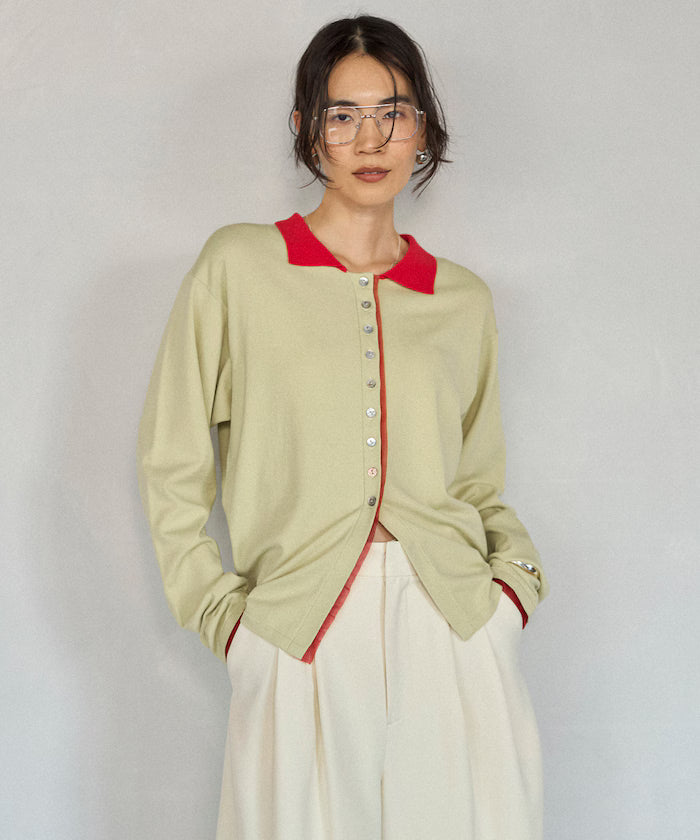 Color Design Fake Layered Long Sleeve Polo Knit Cardigan