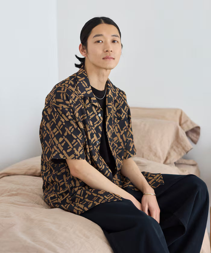 Mesh Open Collar Pattern Short Sleeve Shirt / Allover Design Open Collar Shirt / Big Silhouette