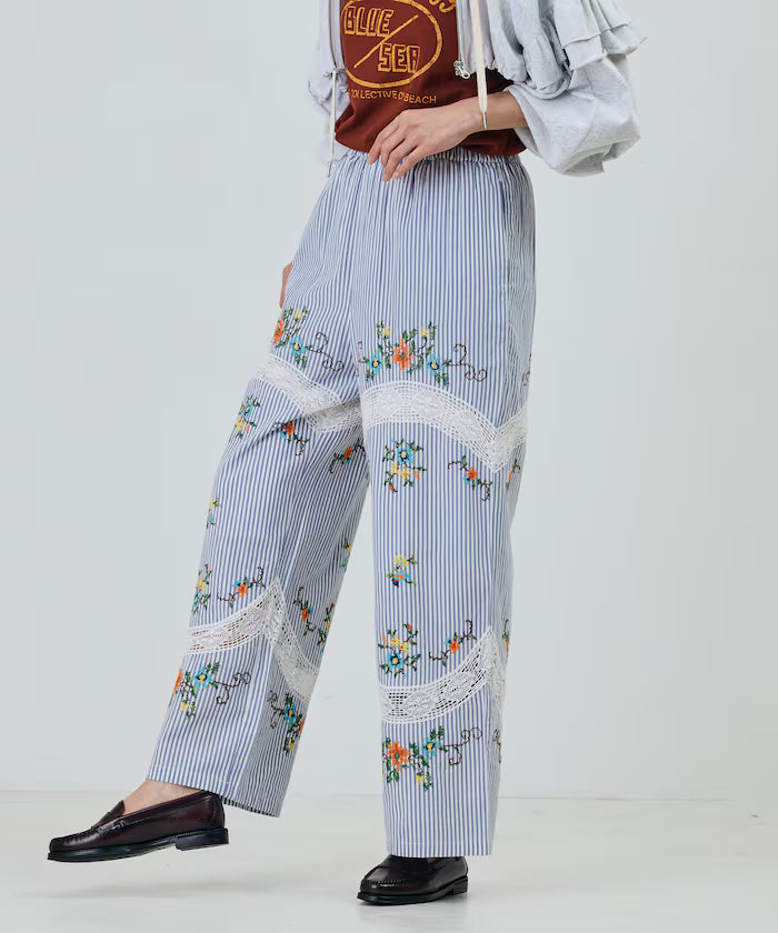 India Flower Cross Embroidery Lace Pants