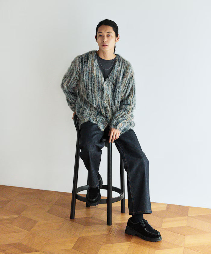 Relaxed Fit Shaggy Knit Multi-Stripe Cardigan