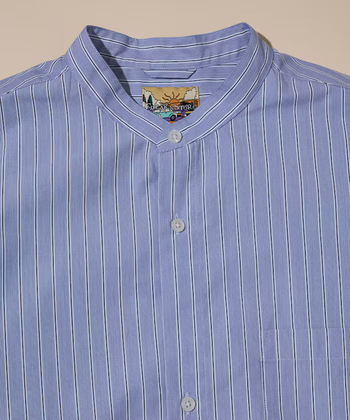 Typewriter Spindle Band Collar Stripe Short Sleeve Shirt