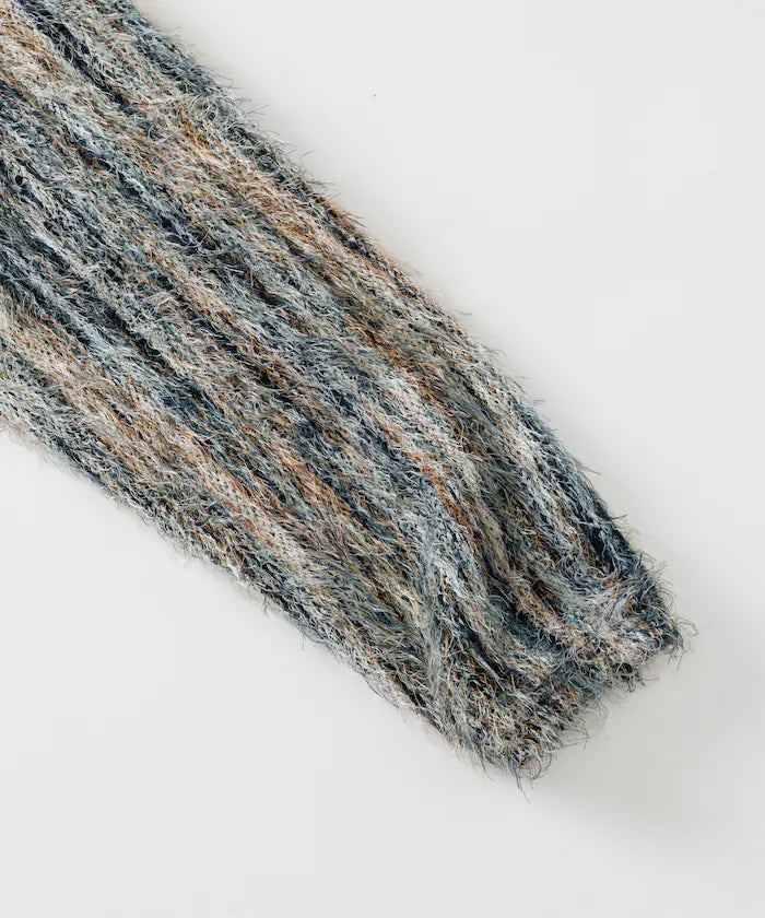 Relaxed Fit Shaggy Knit Multi-Stripe Cardigan