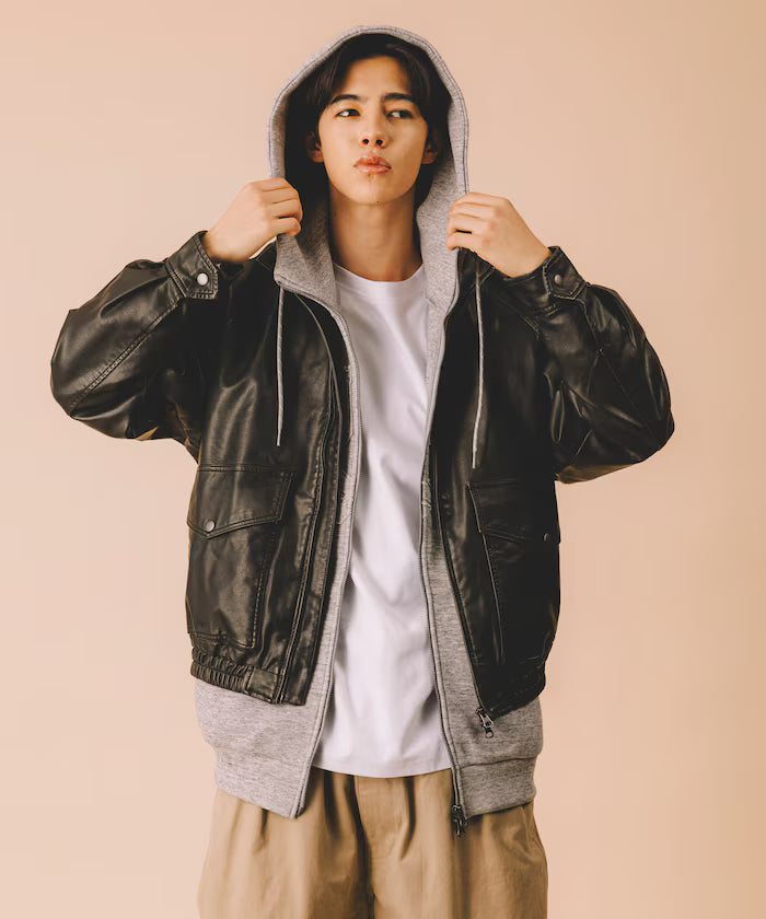 Washed processed leather red stand collar zip-up short blouson