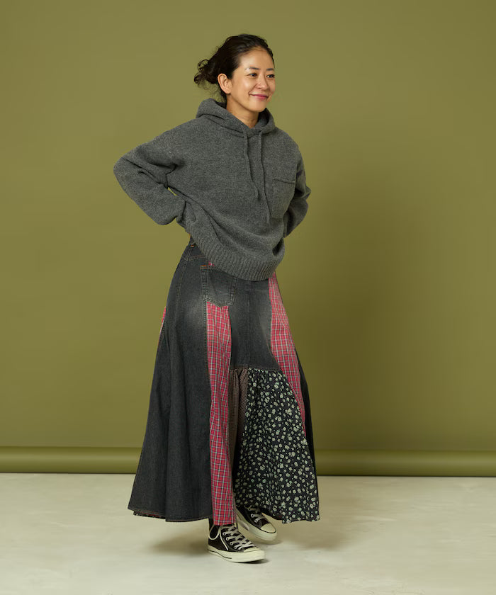Side Front Denim Color Block Flared Skirt