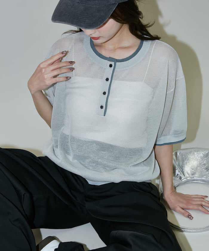 Washable linen color block henley neck knit top limited release