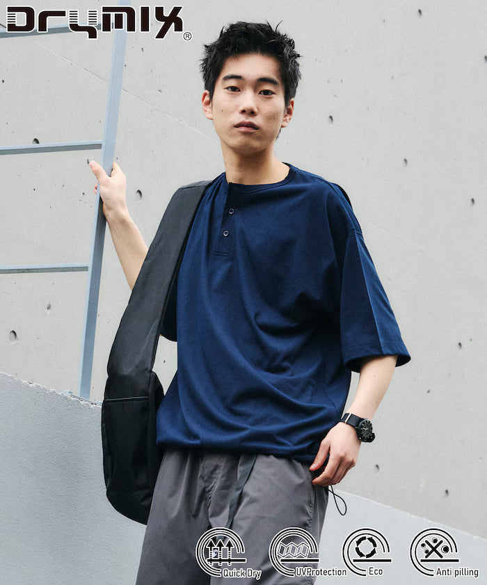 Limited Edition Drymix(R) Drymix Relaxed Fit Henley Neck T-shirt Quick Dry UV Cut - Navy