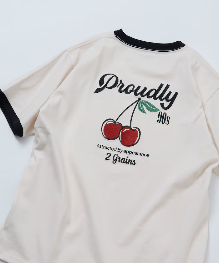Relaxed Fit Design Back Embroidery Crew Neck T-Shirt / Cherry / Ringer 【Limited Edition】 - Natural