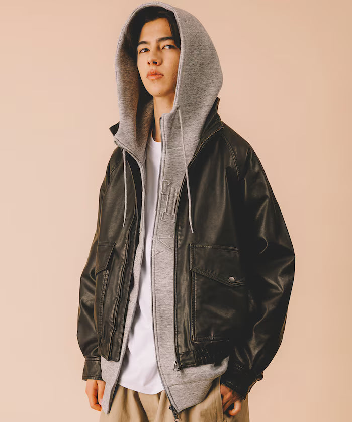 Washed processed leather red stand collar zip-up short blouson