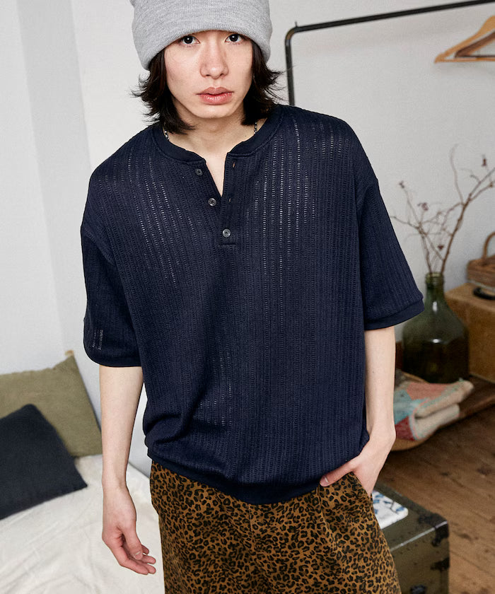 LOVE POP STUDIO Pattern Mesh Henley Neck T-Shirt Limited Release