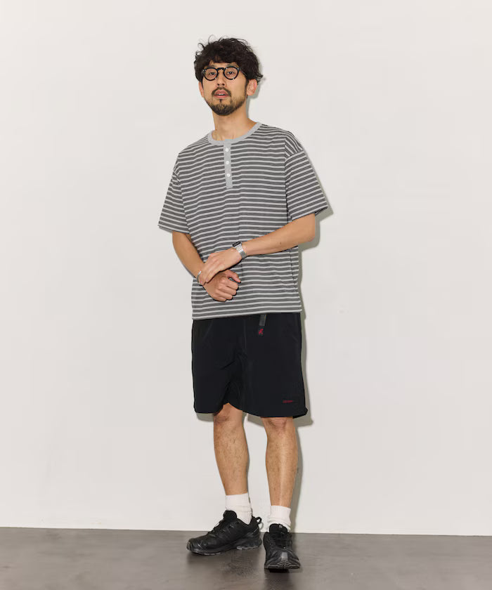 Multi-border Henley Neck Short Sleeve T-shirt