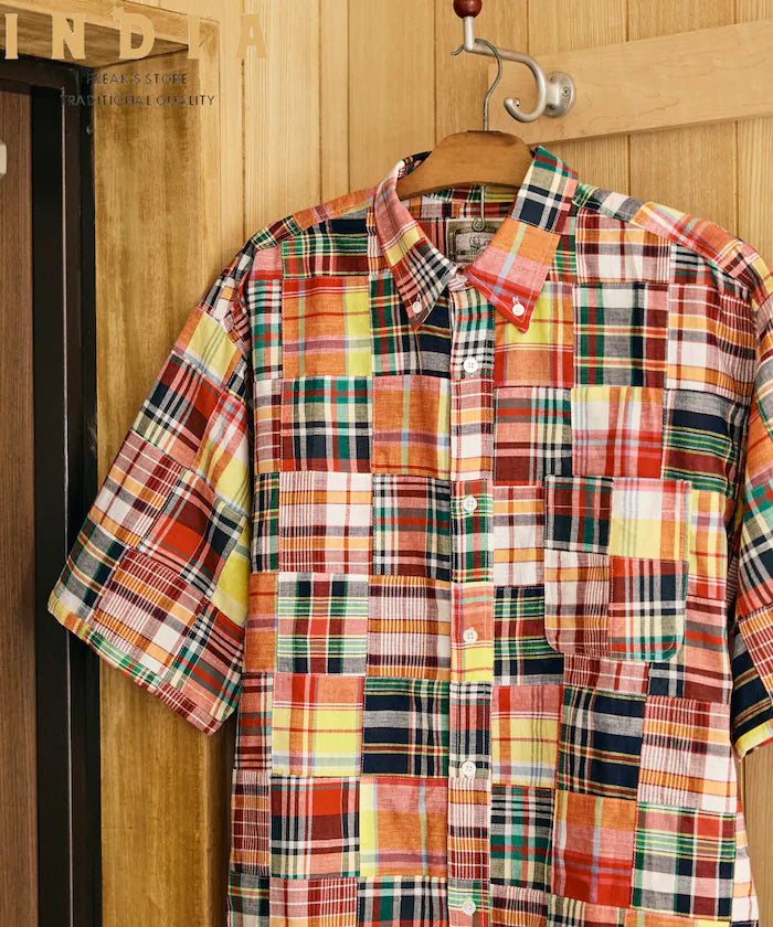 Indian-made Relaxed Fit Madras Check Patchwork Button-down Short Sleeve Shirt - Red