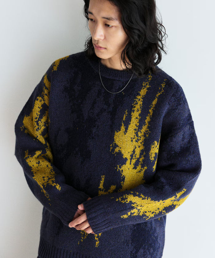 All-over Pattern Double Jacquard Knit Crew Neck Pullover / Relaxed Fit