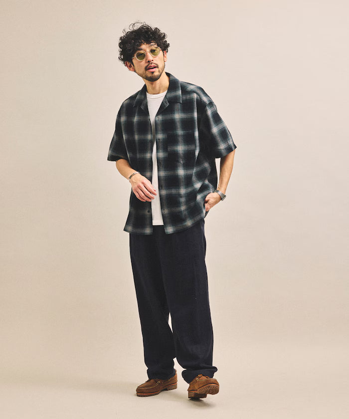 Dyed Ombre Check Open Collar Short Sleeve Sheer Shirt Relaxed Fit