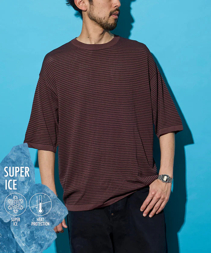 [New Color Added] SUPER ICE / Super Ice Crew Neck Knit T-Shirt / Contact Cooling - Border (BRW×BLK)