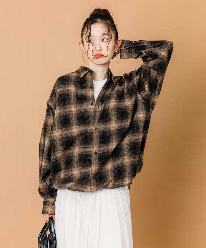Wide Silhouette Ombre Check Spindle Shirt [Limited Edition] - Brown