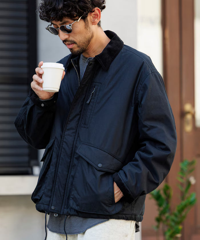 Corduroy panel cotton nylon blouson - Black