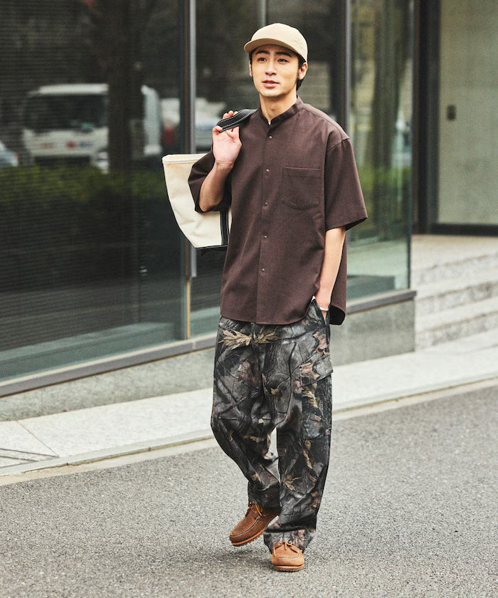 [New Color Added] Quick-Dry Material Relaxed Fit Band Collar Shirt Short Sleeve Linen Feel