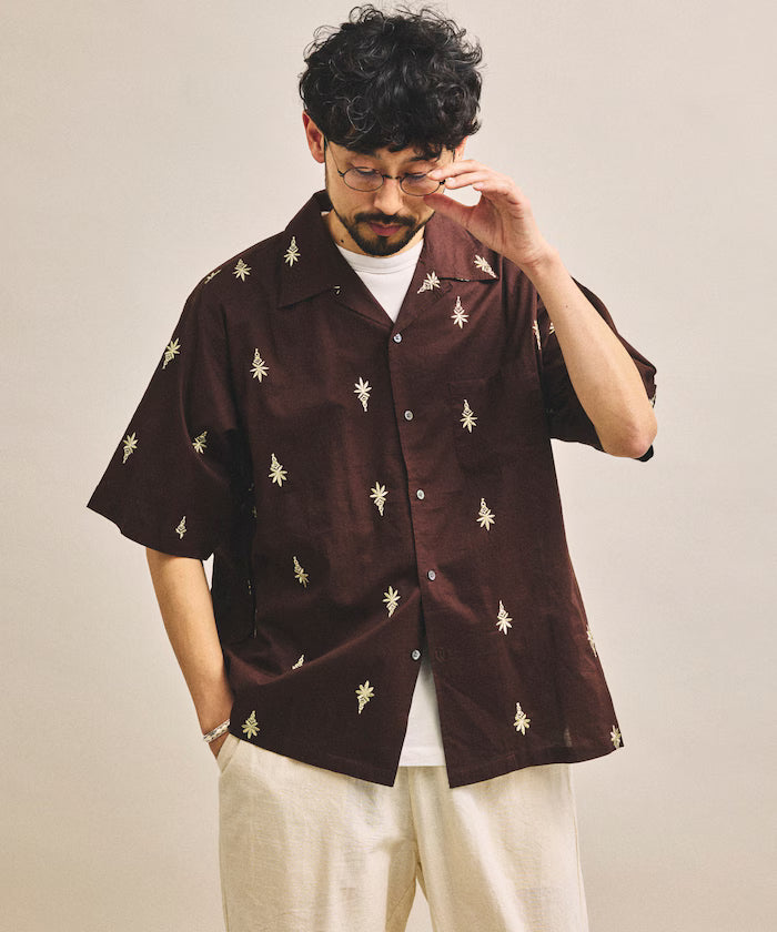 India-made all-over pattern embroidered relax-fit open collar short sleeve shirt