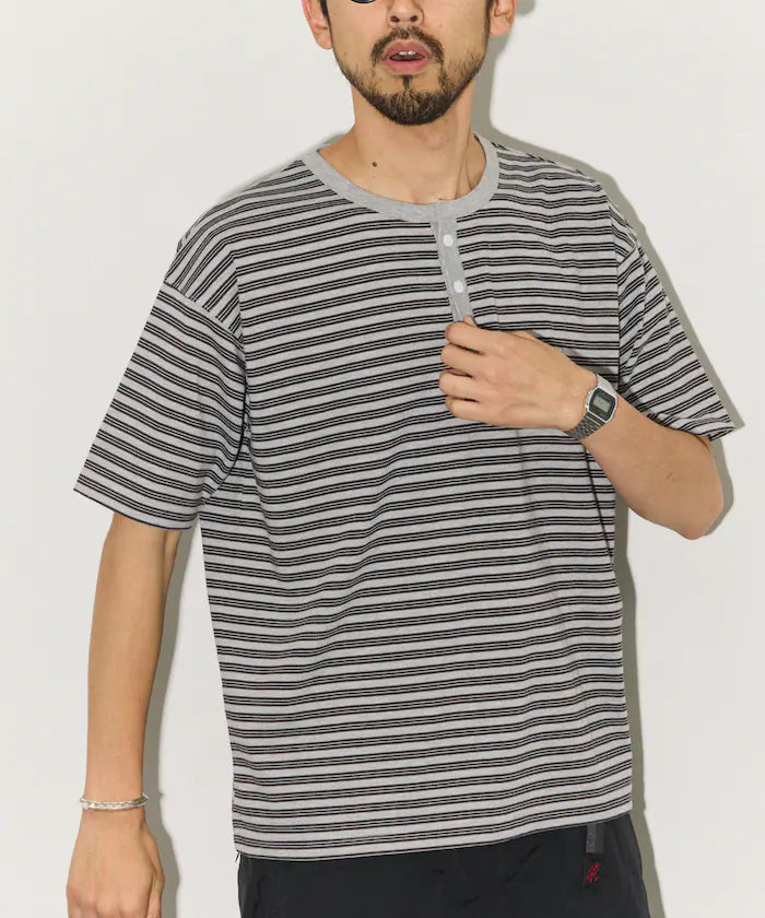 Multi-border Henley Neck Short Sleeve T-shirt
