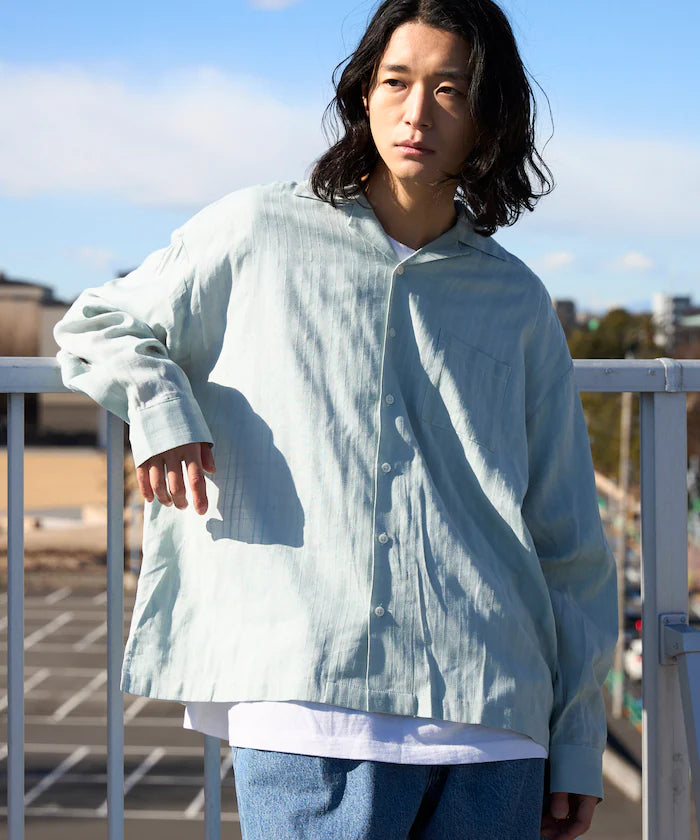 Dobby Woven Long Sleeve Open Collar Shirt / Big Silhouette - Blue Green