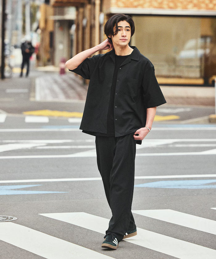 [New Color Addition] Quick-Dry Material Relaxed Fit Open Collar Short Sleeve Shirt Linen-Like