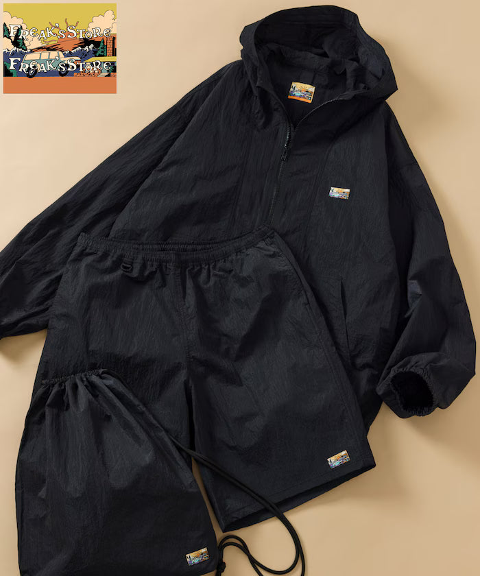 Outdoor Ripstop Nylon One Point Logo Zip-Up Parker Shorts Bag 3P Set - Black