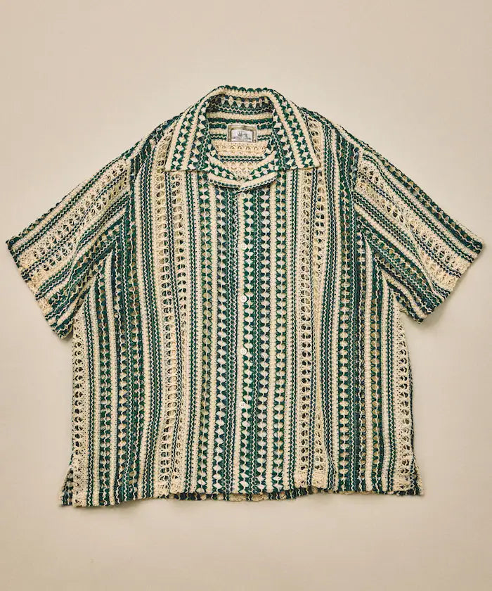 New color added: Indian-made relaxed fit all-over lace multi-stripe open collar short sleeve shirt