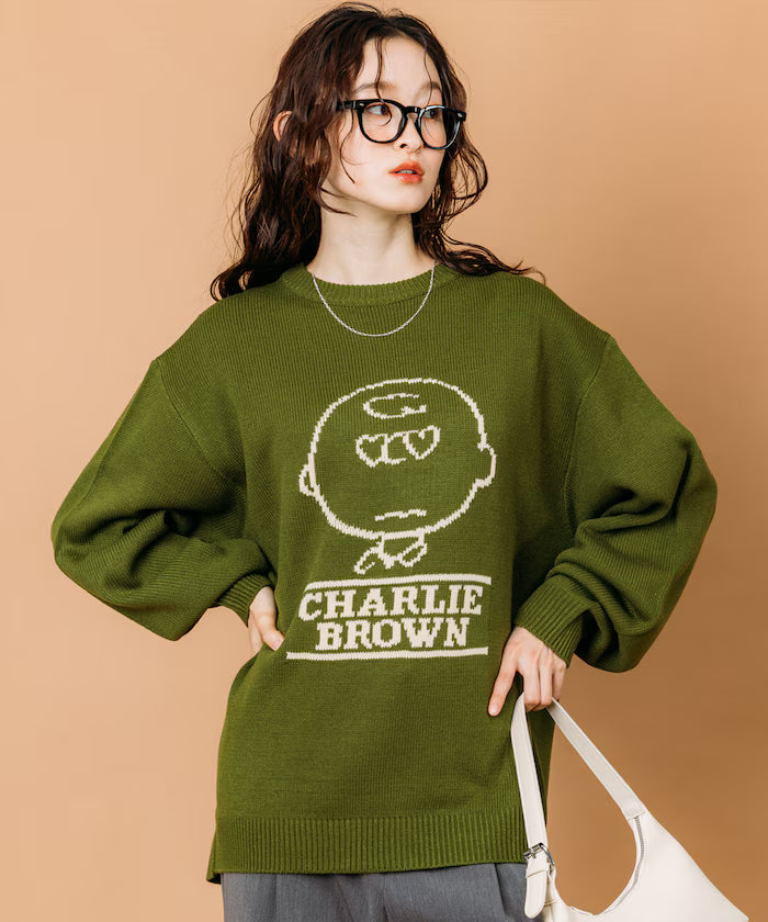PEANUTS/Peanuts Exclusive Relaxed Fit Jacquard Crewneck Knit / Charlie Brown [Limited Edition] - Green