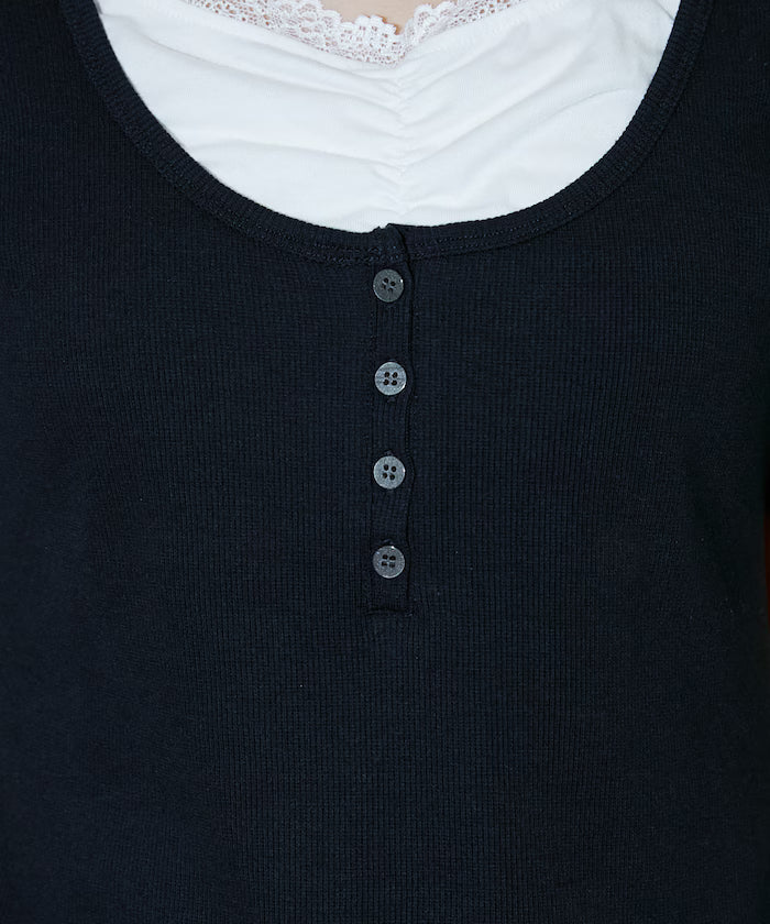 Short Sleeve Lace Layered Style Henley Neck T-Shirt Limited Edition