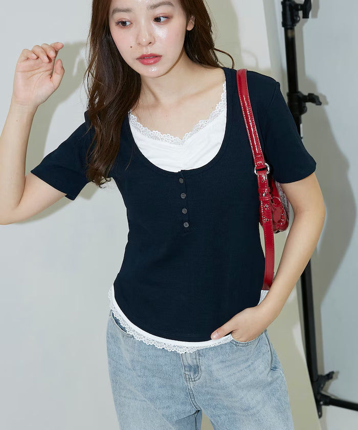 Short Sleeve Lace Layered Style Henley Neck T-Shirt Limited Edition - Navy